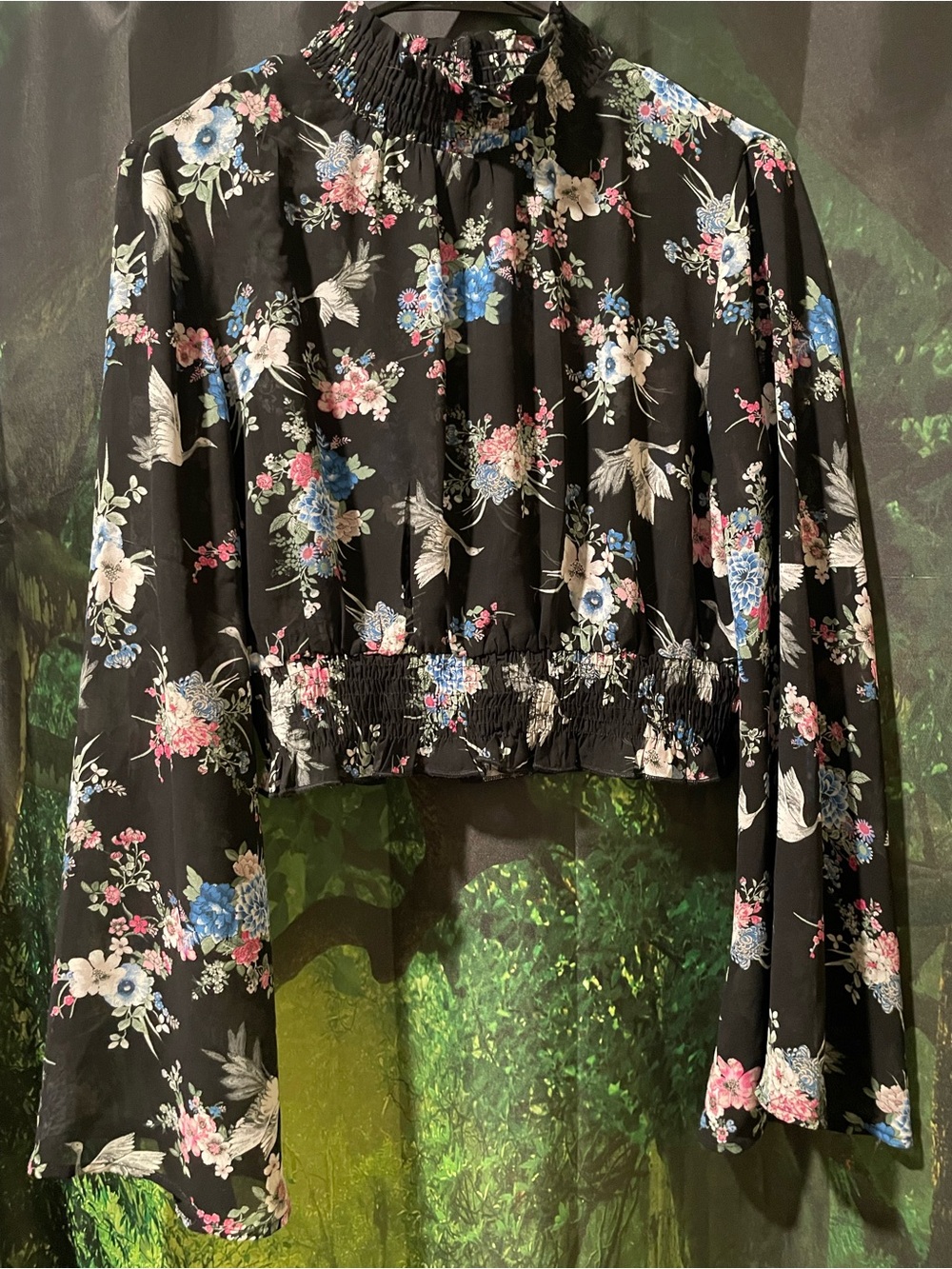 Forever 21 Floral Crane Print Smocked Crop Blouse with Bell Sleeves